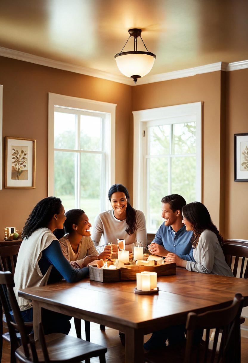 A cozy home setting with a family gathered around a table, sharing joyful moments, while a protective shield made of heart symbols encircles them, symbolizing insurance coverage. Soft lighting creates a warm atmosphere, emphasizing connection and love. Subtle icons of different insurance types, like health and property, blend into the background. super-realistic. warm colors. soft focus.
