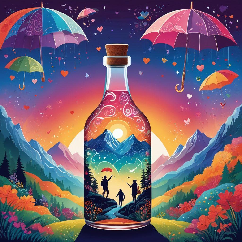 A whimsical illustration of a heart-shaped bottle filled with colorful spirits, surrounded by joyful couples enjoying life in various adventurous scenarios like hiking, dancing, and traveling. Include elements representing protection, like an umbrella over the bottle symbolizing insurance. The background should be vibrant with abstract patterns of love and adventure. vector art. vibrant colors.