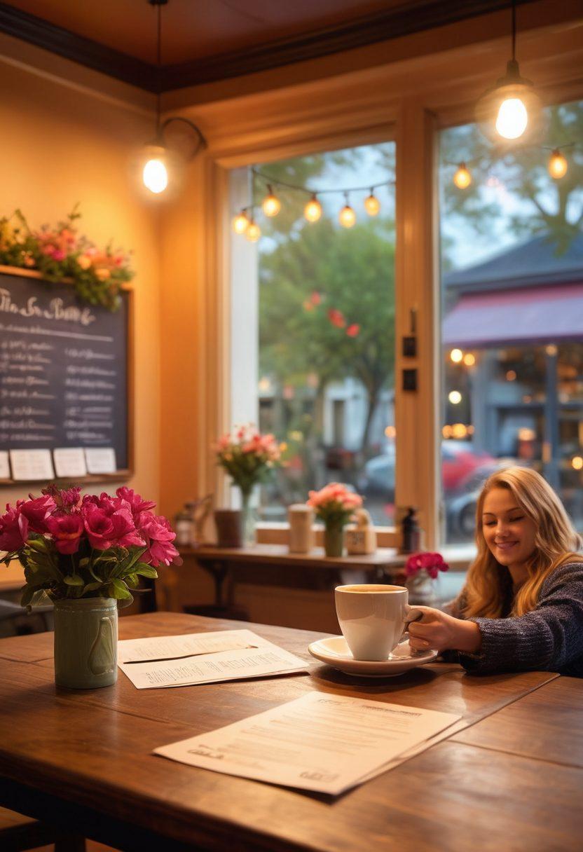 A cozy cafe scene with a couple clinking their coffee mugs, surrounded by playful hearts and floating insurance documents. In the background, a chalkboard displays the words 'Love & Security'. Surround them with vibrant flowers and soft lighting to evoke romance and comfort. The atmosphere should blend warmth with professionalism, signaling insurance solutions. super-realistic. vibrant colors. soft bokeh.